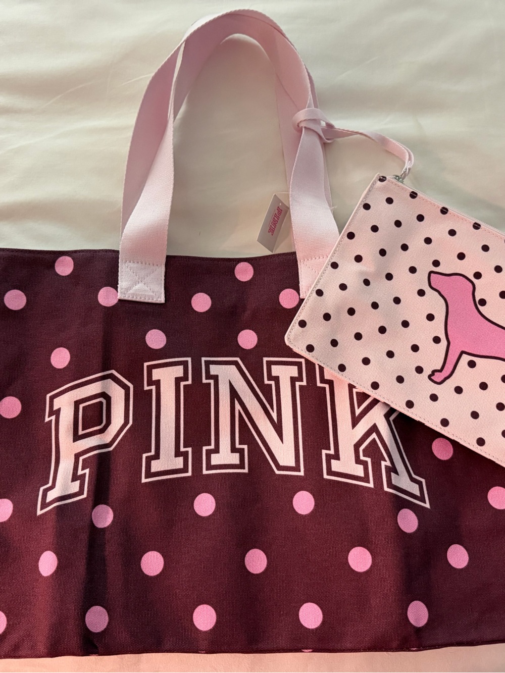 PINK Victoria's Secret Maroon and Light Pink Polka Dot Tote with Matching Pouch